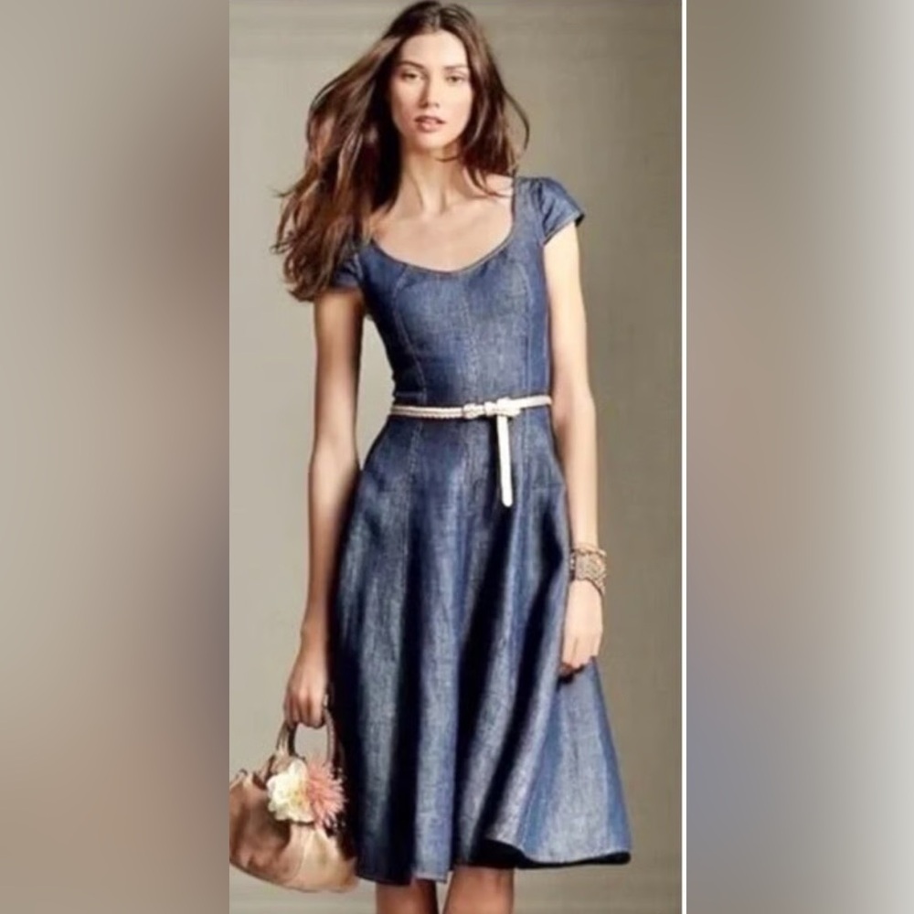 Talbots Blue Linen Fit and Flare Midi Dress with Cap Sleeves